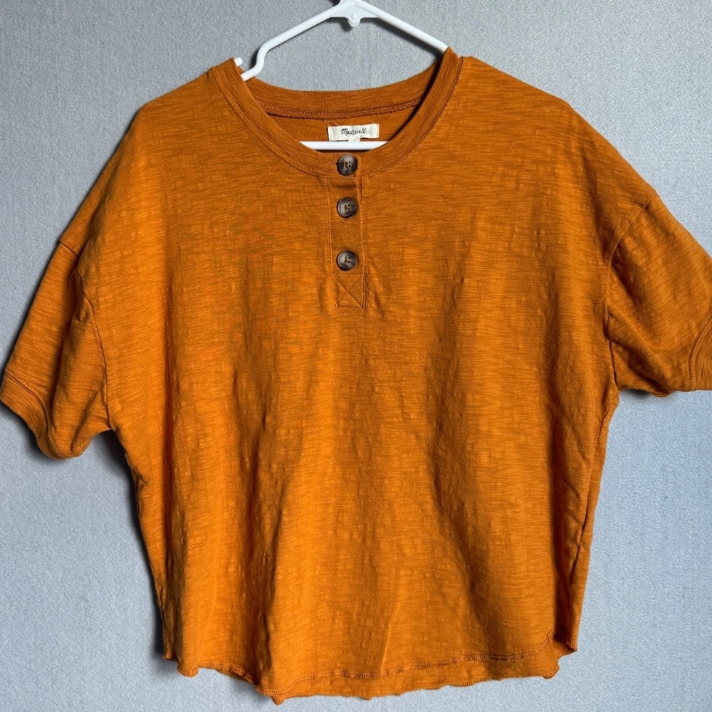 Madewell Henley Top Women M Burnt Orange Short Sleeve Slub Cotton Button Casual